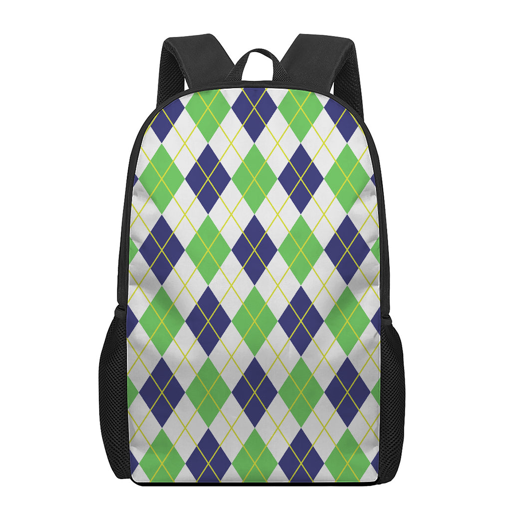Navy Green And White Argyle Print 17 Inch Backpack