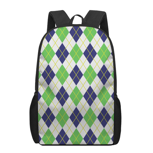 Navy Green And White Argyle Print 17 Inch Backpack