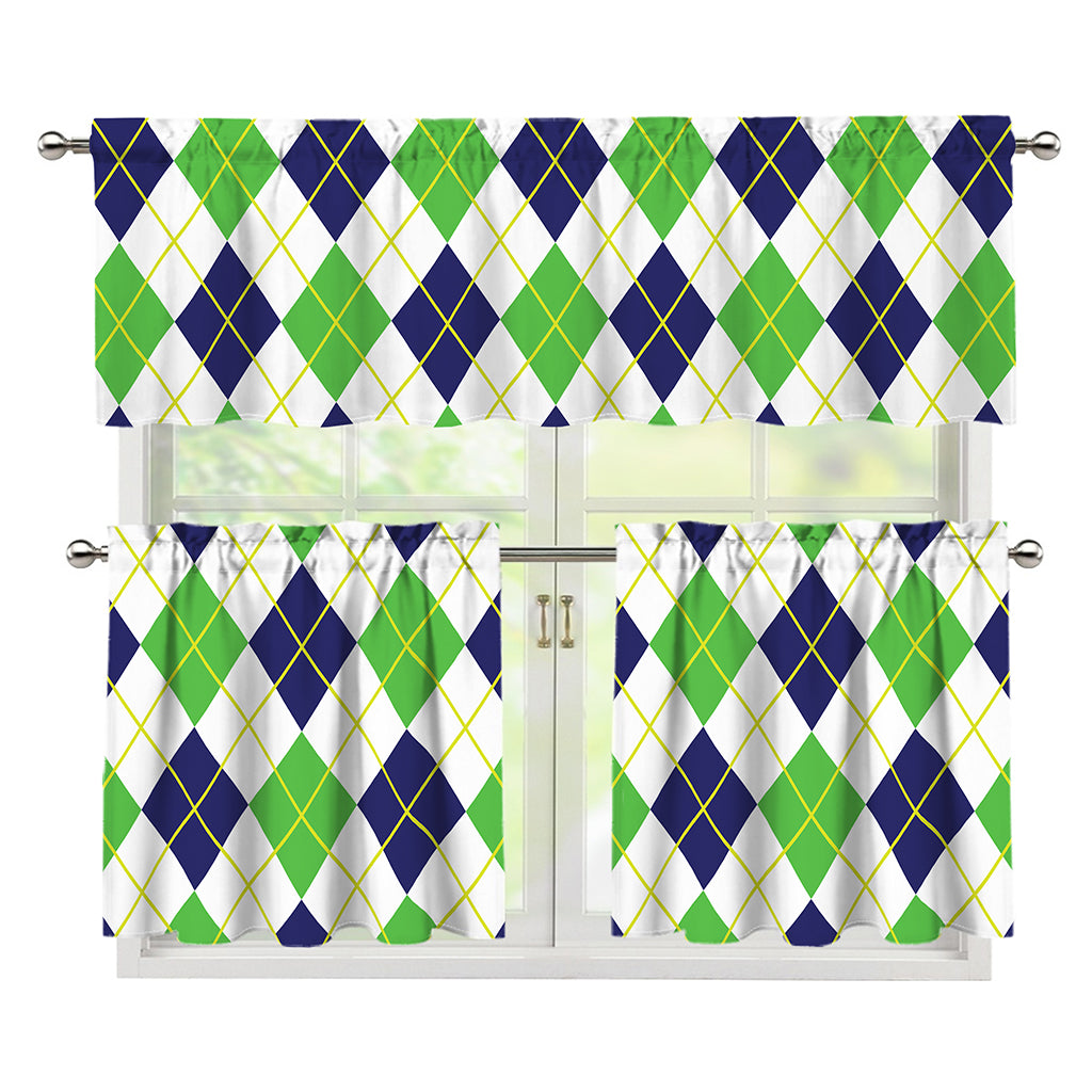 Navy Green And White Argyle Print 3 Piece Kitchen Curtains