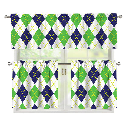 Navy Green And White Argyle Print 3 Piece Kitchen Curtains
