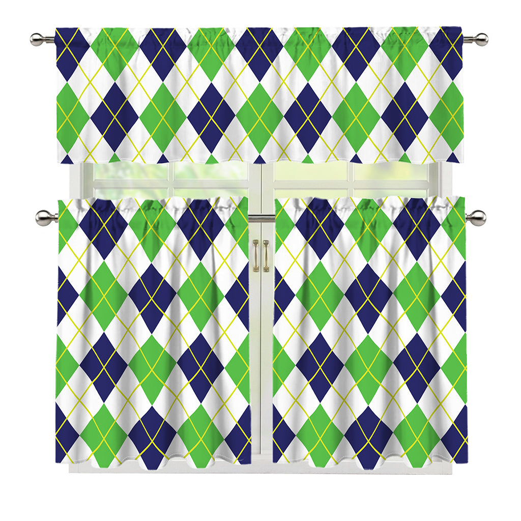 Navy Green And White Argyle Print 3 Piece Kitchen Curtains
