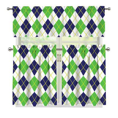 Navy Green And White Argyle Print 3 Piece Kitchen Curtains