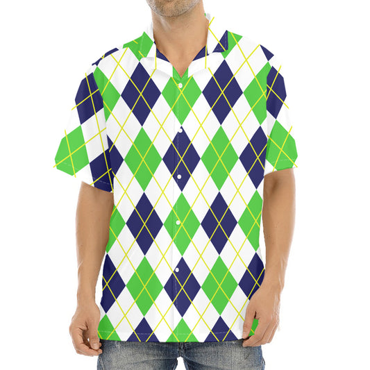 Navy Green And White Argyle Print Aloha Shirt