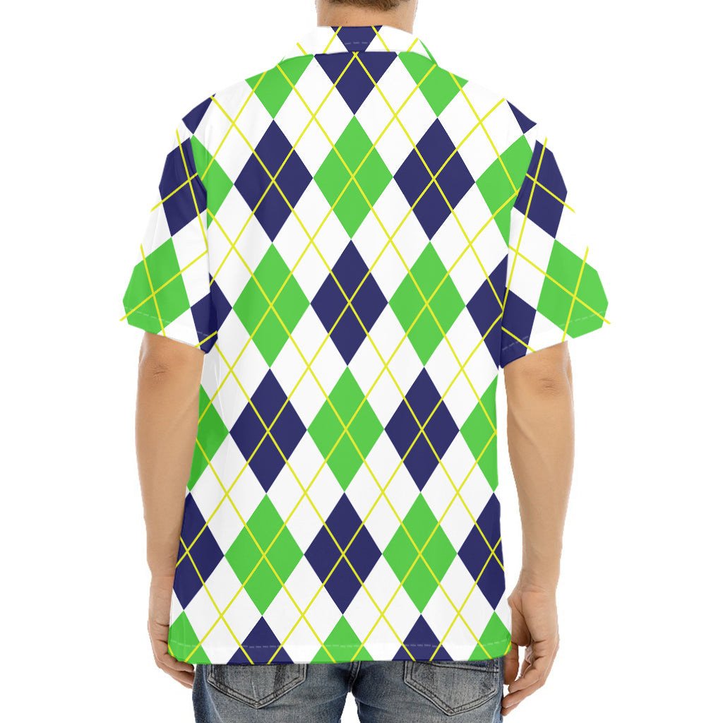 Navy Green And White Argyle Print Aloha Shirt