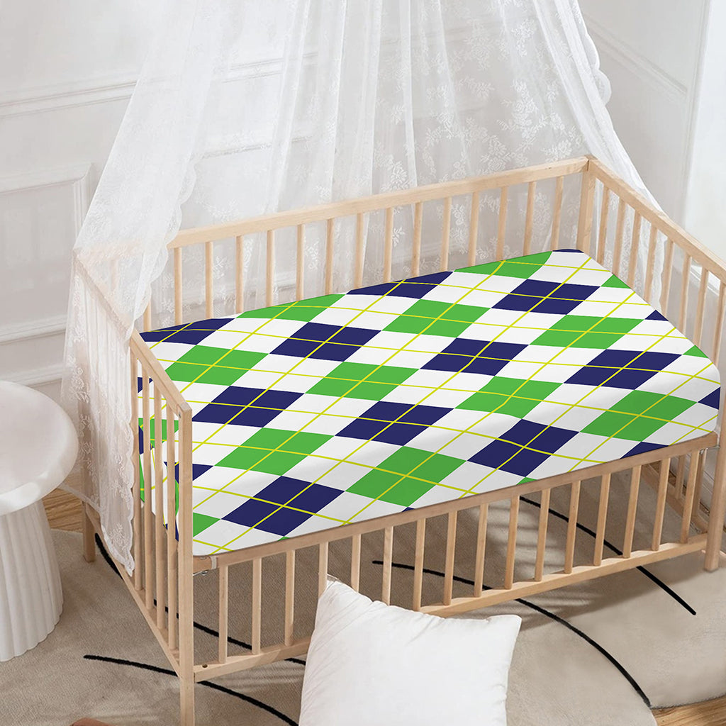 Navy Green And White Argyle Print Baby Crib Sheet