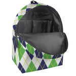 Navy Green And White Argyle Print Backpack
