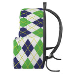 Navy Green And White Argyle Print Backpack