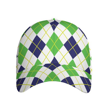 Navy Green And White Argyle Print Baseball Cap