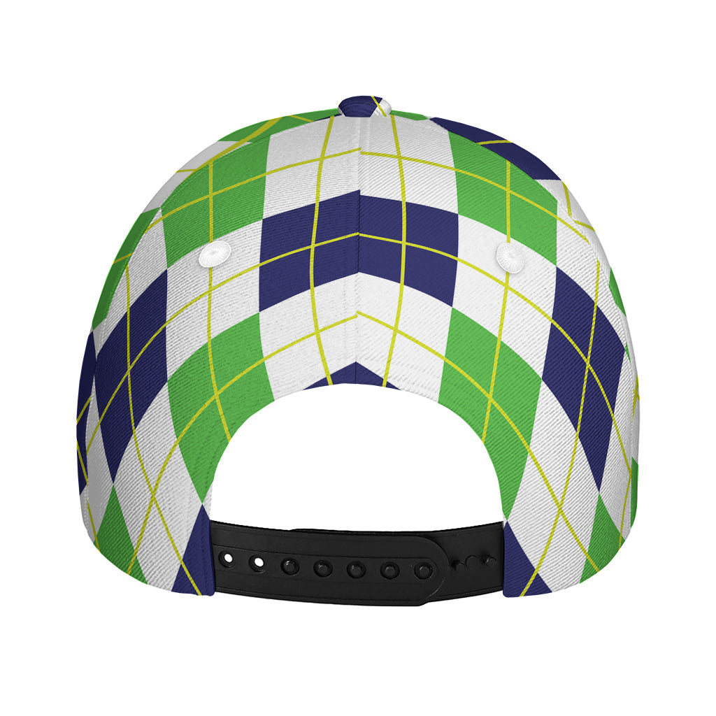 Navy Green And White Argyle Print Baseball Cap