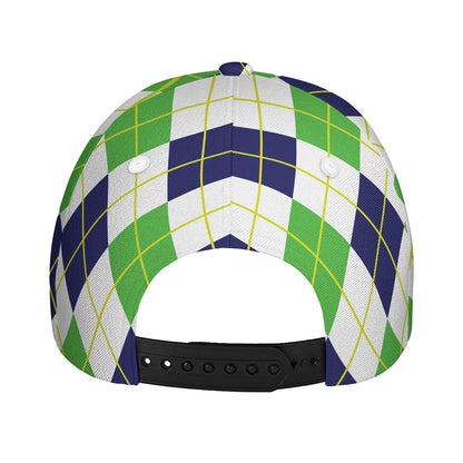 Navy Green And White Argyle Print Baseball Cap