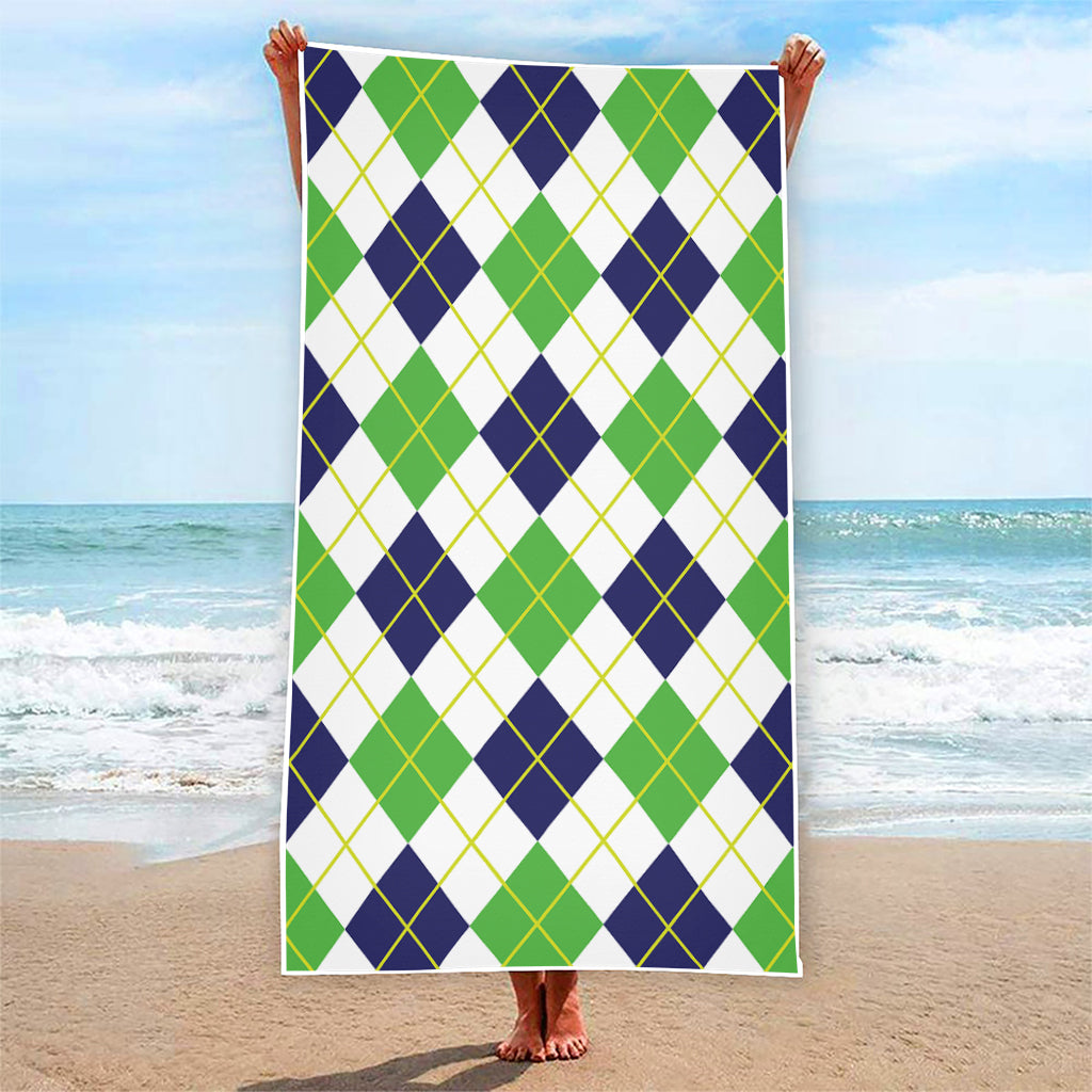 Navy Green And White Argyle Print Beach Towel