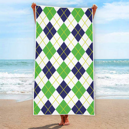Navy Green And White Argyle Print Beach Towel