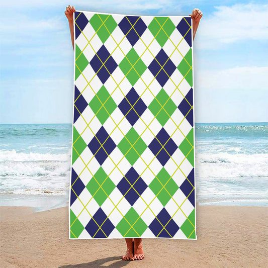 Navy Green And White Argyle Print Beach Towel