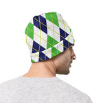 Navy Green And White Argyle Print Beanie