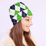 Navy Green And White Argyle Print Beanie