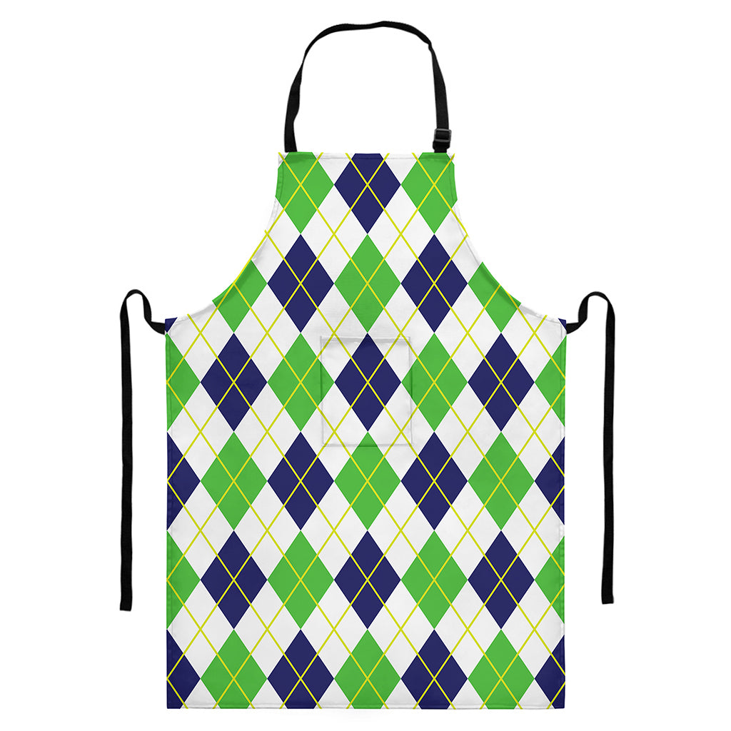 Navy Green And White Argyle Print Bib Apron With Pocket
