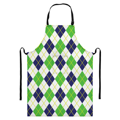 Navy Green And White Argyle Print Bib Apron With Pocket