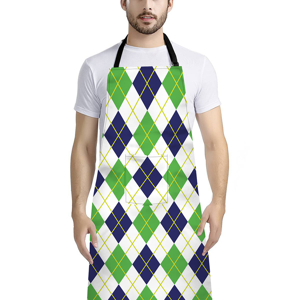 Navy Green And White Argyle Print Bib Apron With Pocket