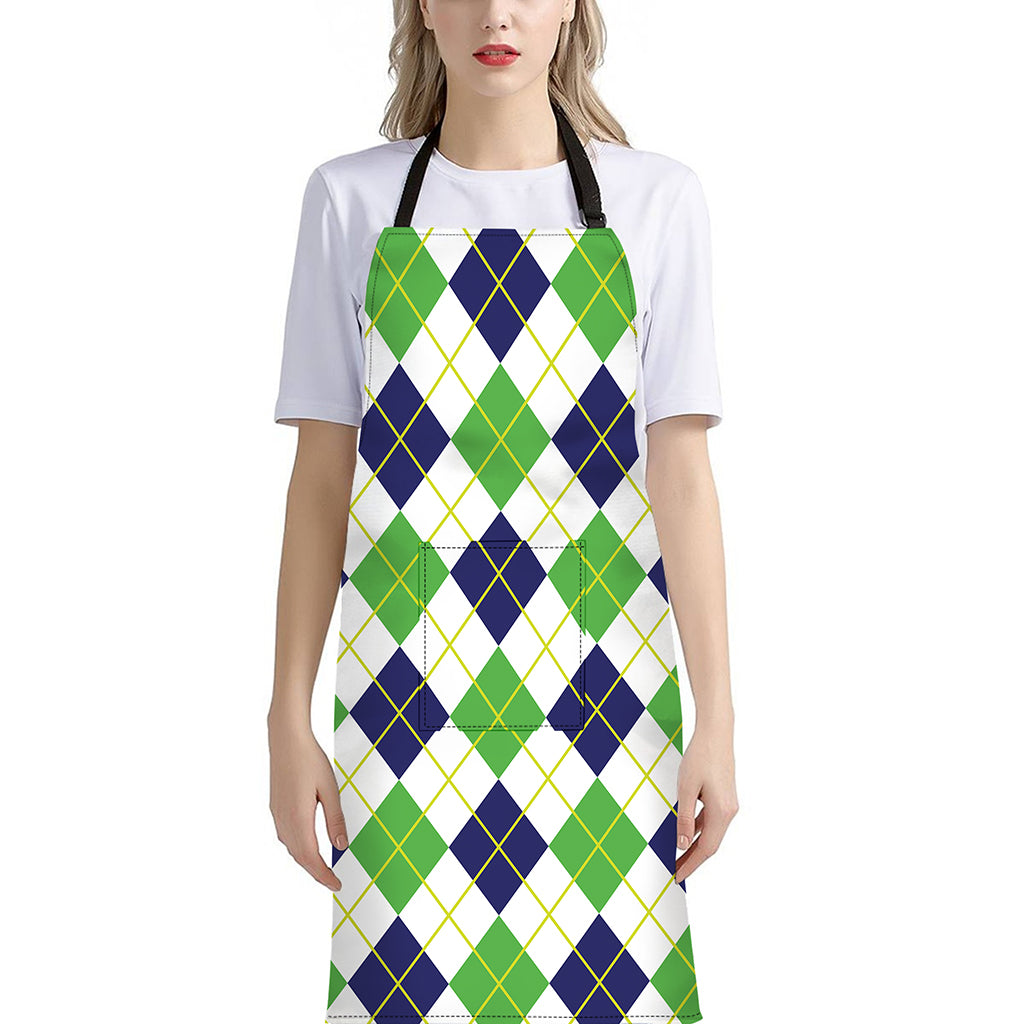 Navy Green And White Argyle Print Bib Apron With Pocket