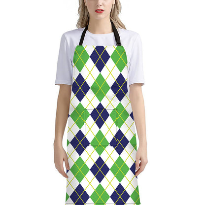 Navy Green And White Argyle Print Bib Apron With Pocket