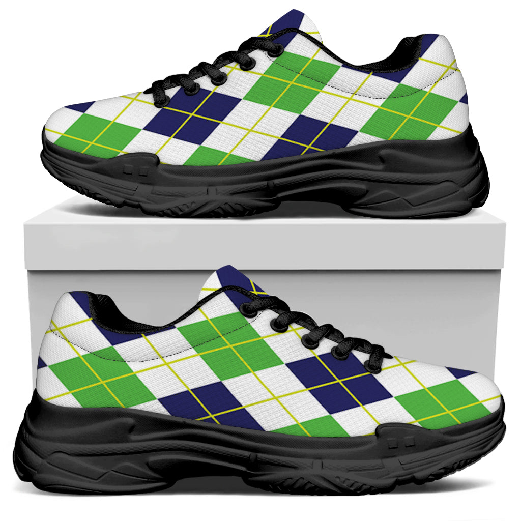 Navy Green And White Argyle Print Black Chunky Shoes