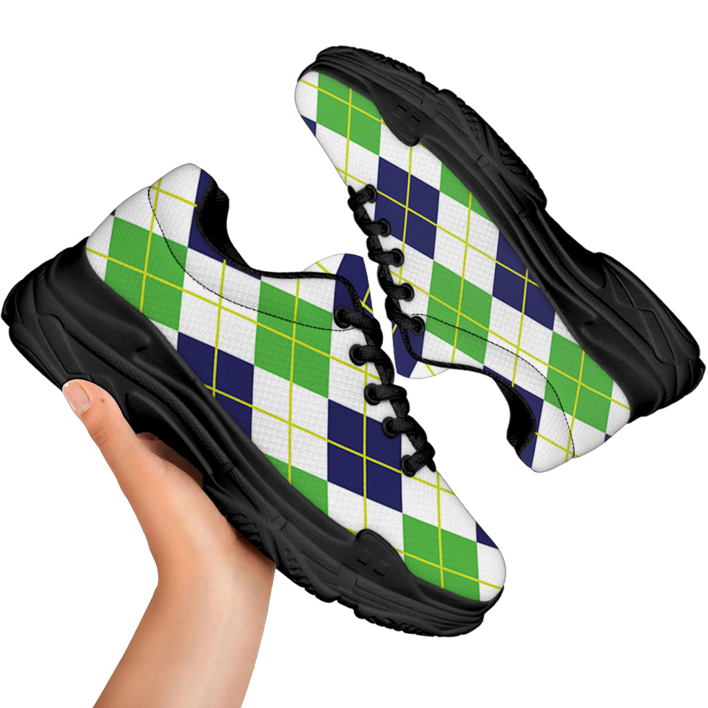 Navy Green And White Argyle Print Black Chunky Shoes