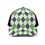 Navy Green And White Argyle Print Black Mesh Trucker Cap
