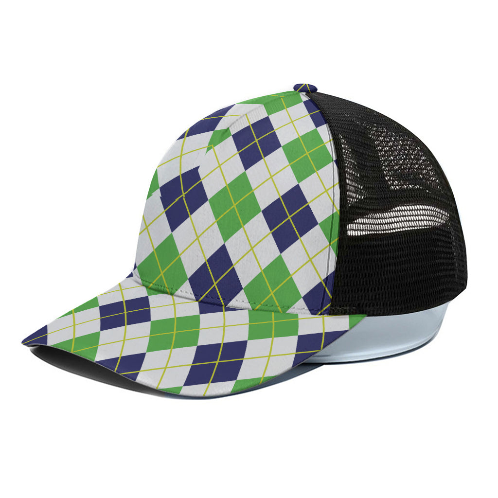 Navy Green And White Argyle Print Black Mesh Trucker Cap