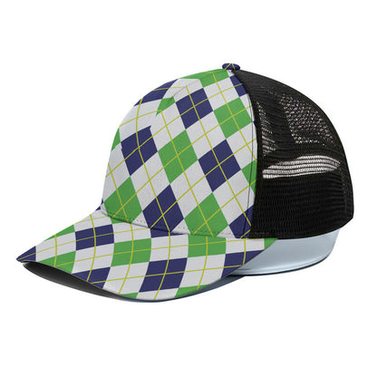 Navy Green And White Argyle Print Black Mesh Trucker Cap
