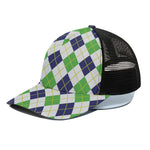Navy Green And White Argyle Print Black Mesh Trucker Cap