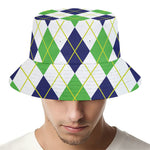 Navy Green And White Argyle Print Bucket Hat