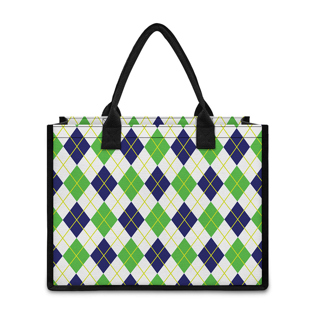 Navy Green And White Argyle Print Canvas Tote Bag