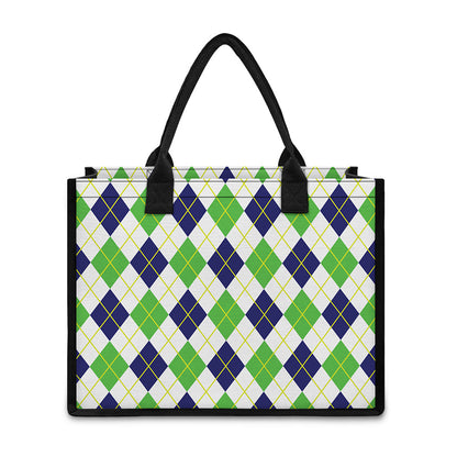 Navy Green And White Argyle Print Canvas Tote Bag