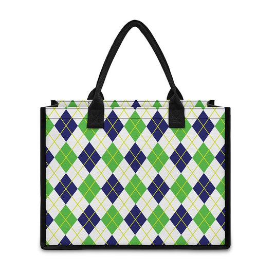 Navy Green And White Argyle Print Canvas Tote Bag