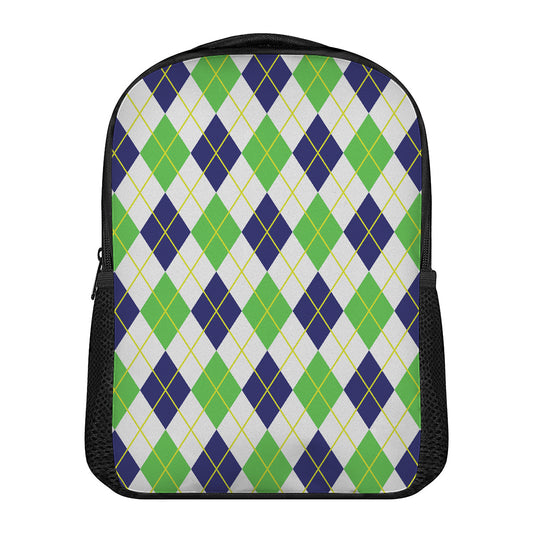 Navy Green And White Argyle Print Casual Backpack