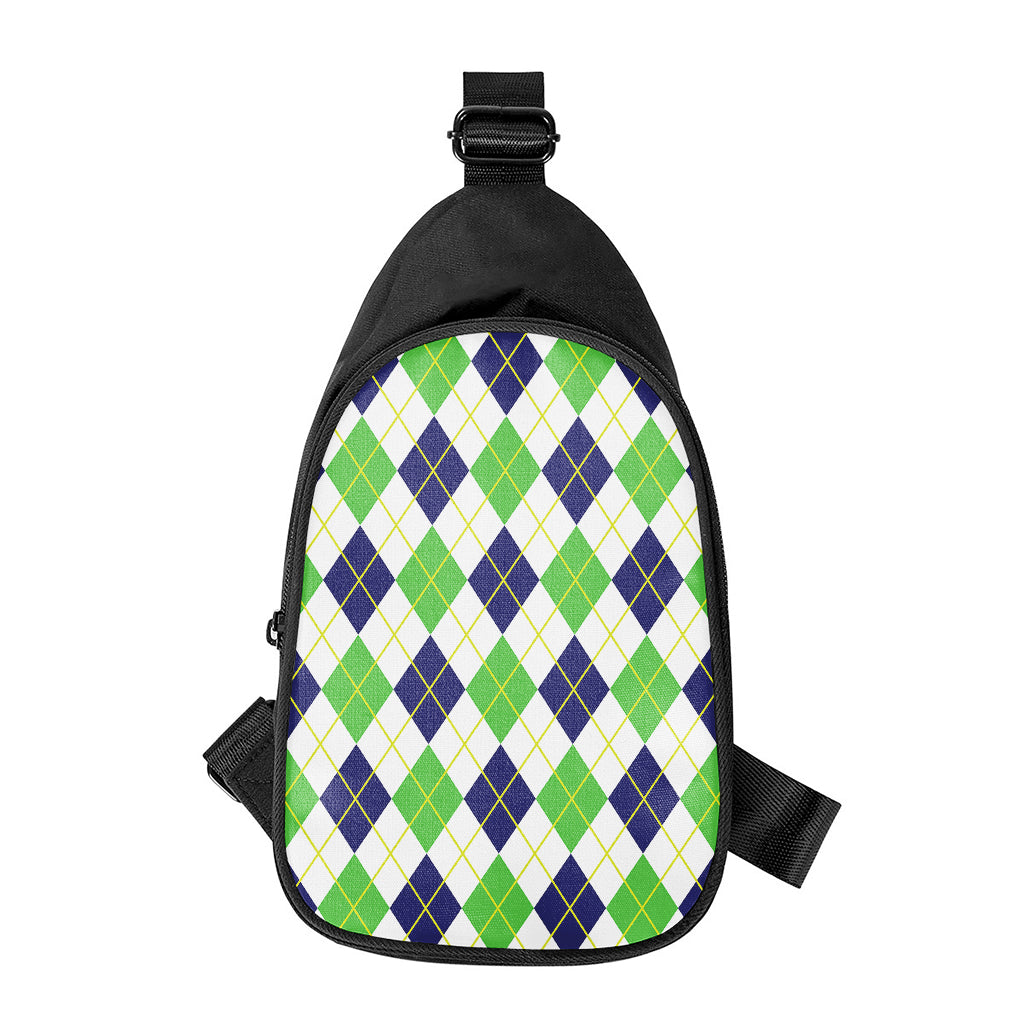 Navy Green And White Argyle Print Chest Bag