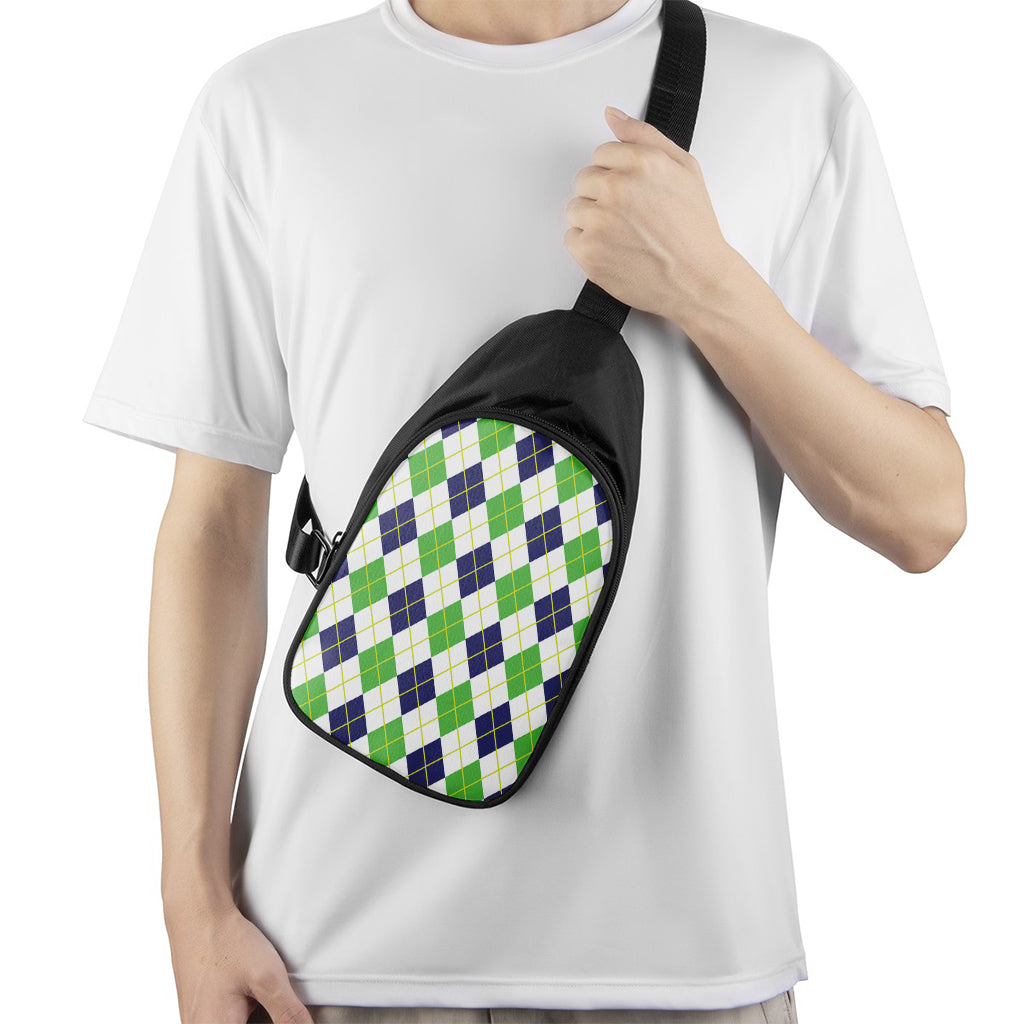 Navy Green And White Argyle Print Chest Bag