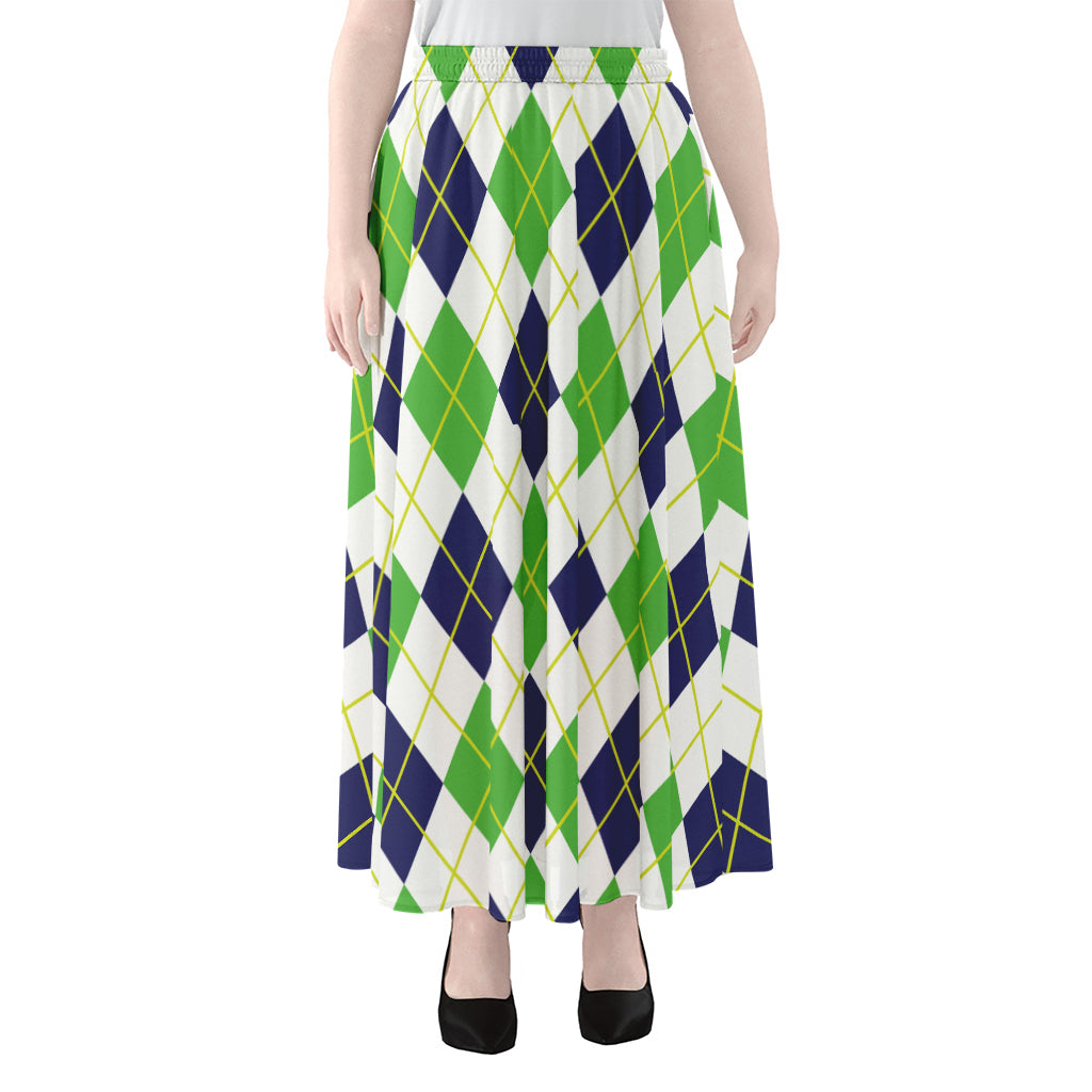 Navy Green And White Argyle Print Chiffon Maxi Skirt