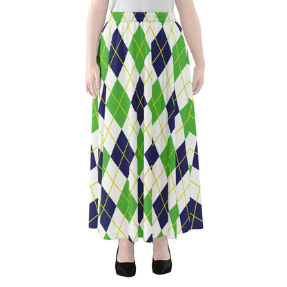 Navy Green And White Argyle Print Chiffon Maxi Skirt
