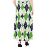 Navy Green And White Argyle Print Chiffon Maxi Skirt