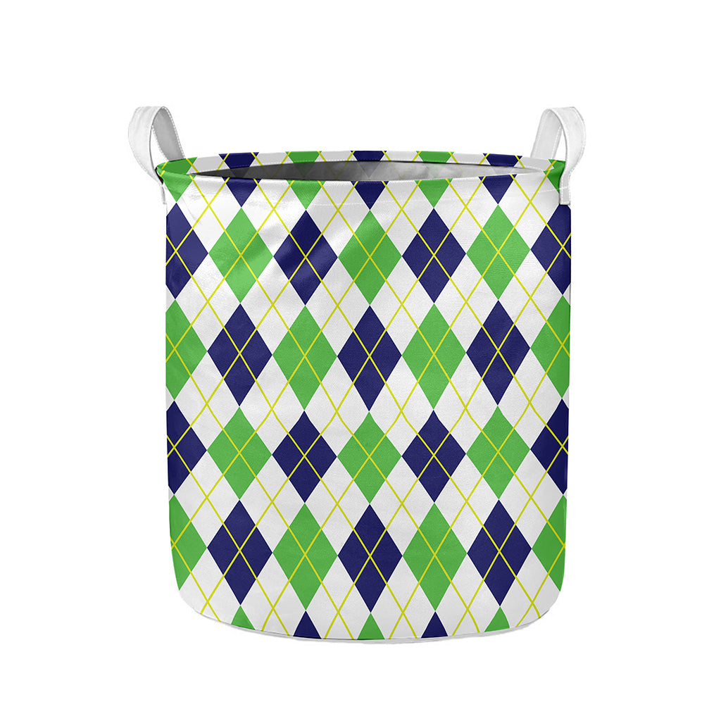 Navy Green And White Argyle Print Collapsible Laundry Basket