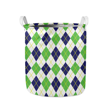 Navy Green And White Argyle Print Collapsible Laundry Basket