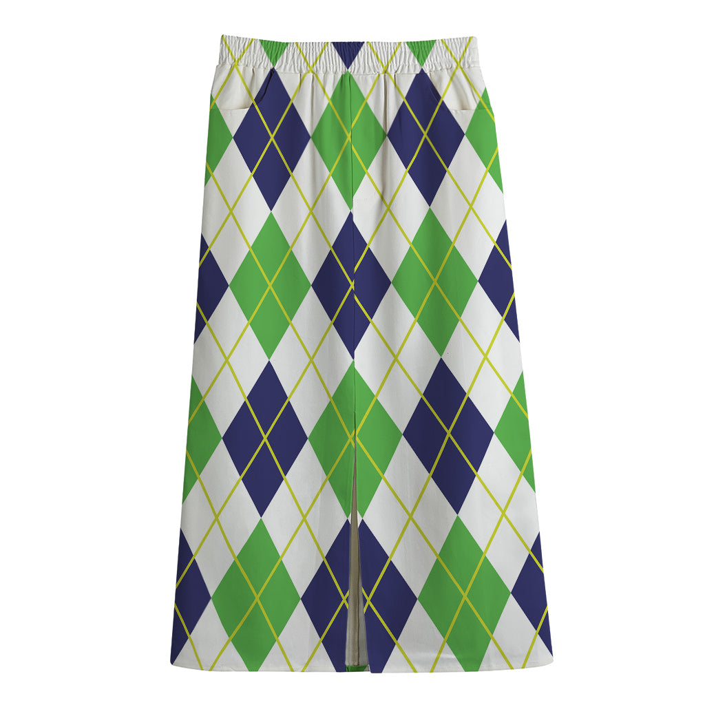 Navy Green And White Argyle Print Cotton Front Slit Maxi Skirt