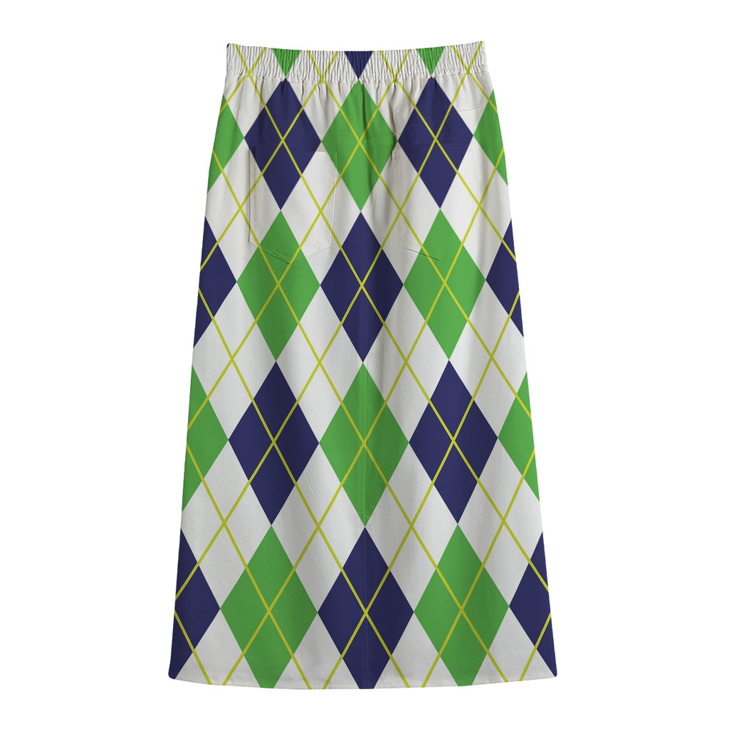 Navy Green And White Argyle Print Cotton Front Slit Maxi Skirt