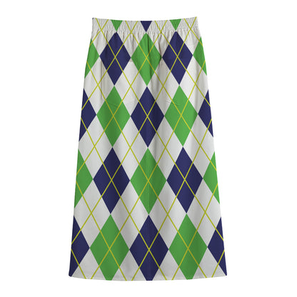 Navy Green And White Argyle Print Cotton Front Slit Maxi Skirt