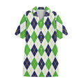 Navy Green And White Argyle Print Cotton Hawaiian Shirt