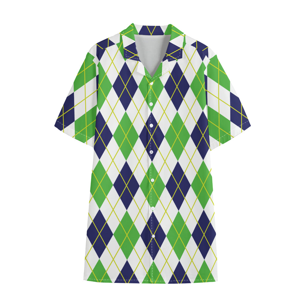 Navy Green And White Argyle Print Cotton Hawaiian Shirt
