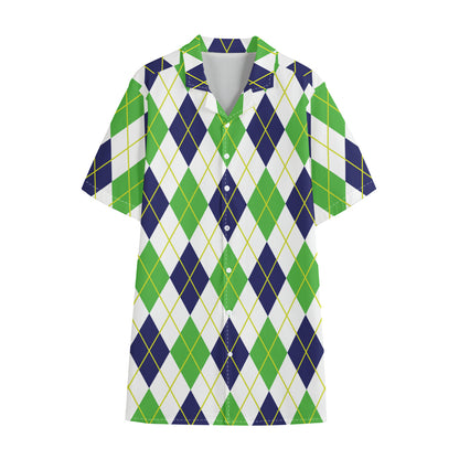 Navy Green And White Argyle Print Cotton Hawaiian Shirt