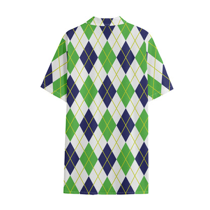 Navy Green And White Argyle Print Cotton Hawaiian Shirt