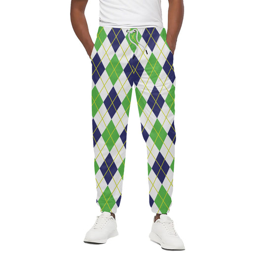 Navy Green And White Argyle Print Cotton Pants